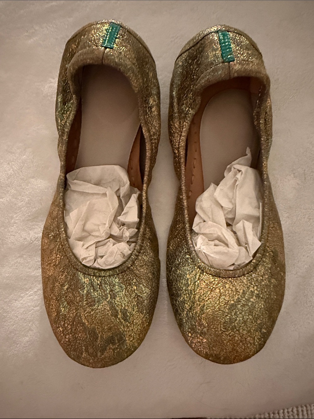 Tieks Gold Iridescent Ballet Flats with Teal Detail